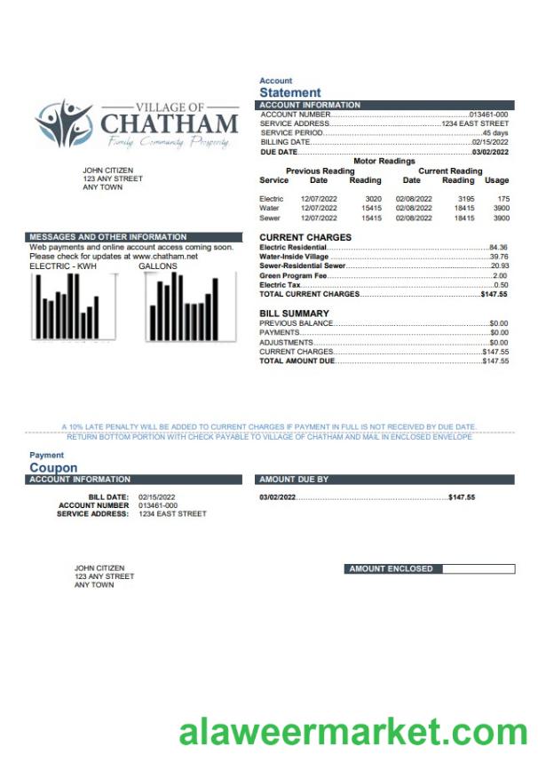 USA Village of Chatham utility bill template in Word and PDF format